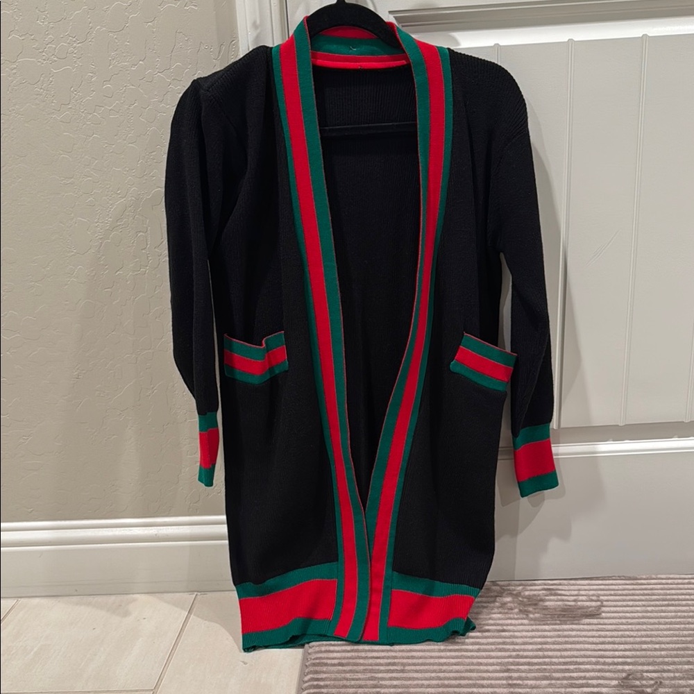 Black and with Red and Green Striped Women's Sweater